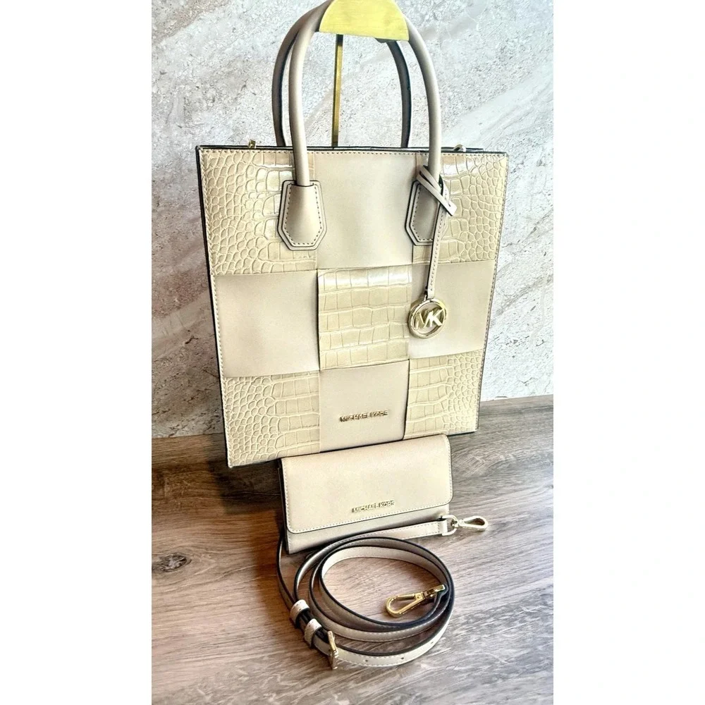 Michael Kors Mercer Medium NS Tote Bag & Matching Wallet Set Buff Croc NWOT